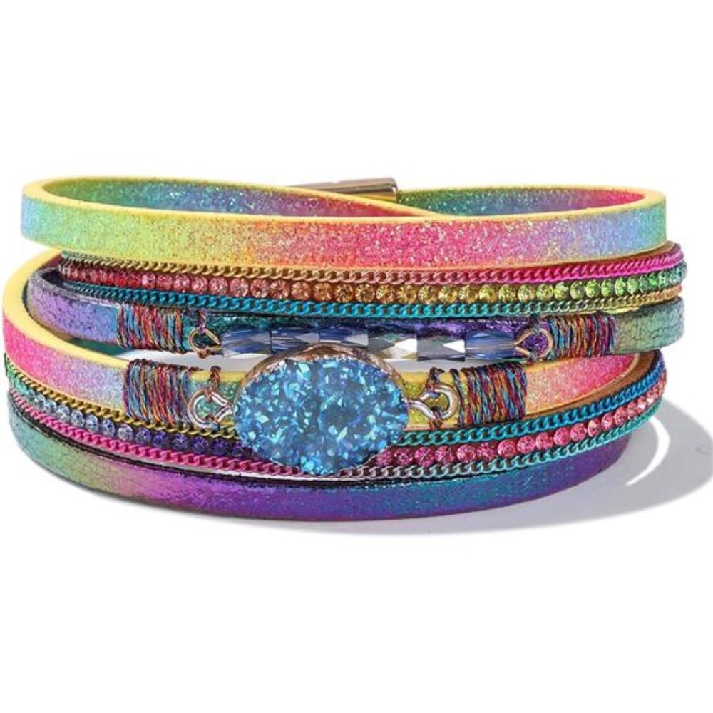 Womens leather wrap bracelet boho cuff crystal bead layered magnetic clasp jewel